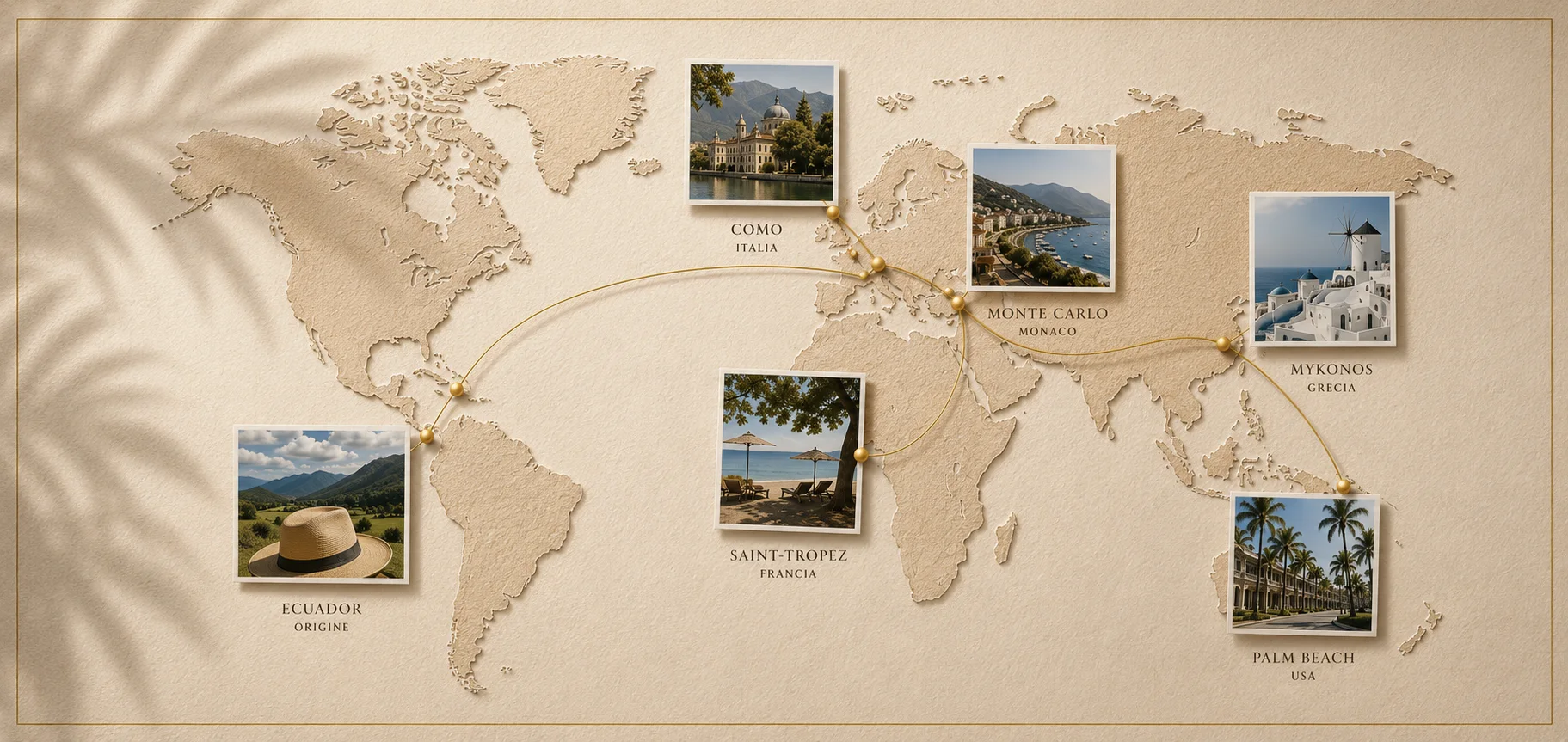 Mappa del viaggio PanamaHatters: Ecuador, Como, Monte Carlo, Mykonos, Saint-Tropez, Palm Beach