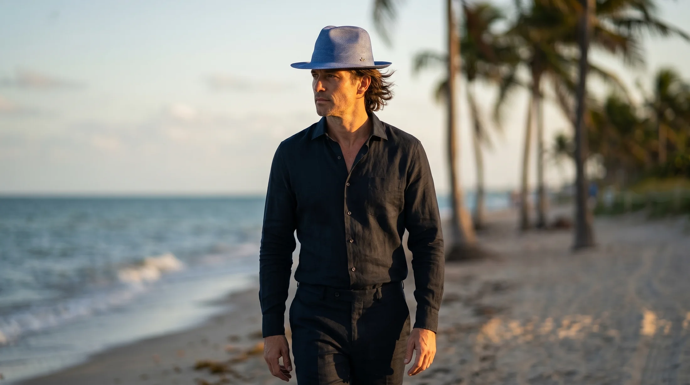 Sombrero PanamaHatters negro de ala ancha junto al mar