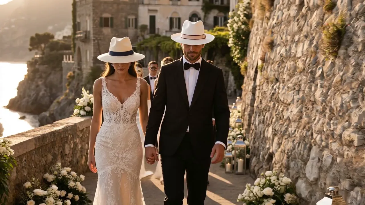 A couple in Panama hats walking the Amalfi coast at golden hour